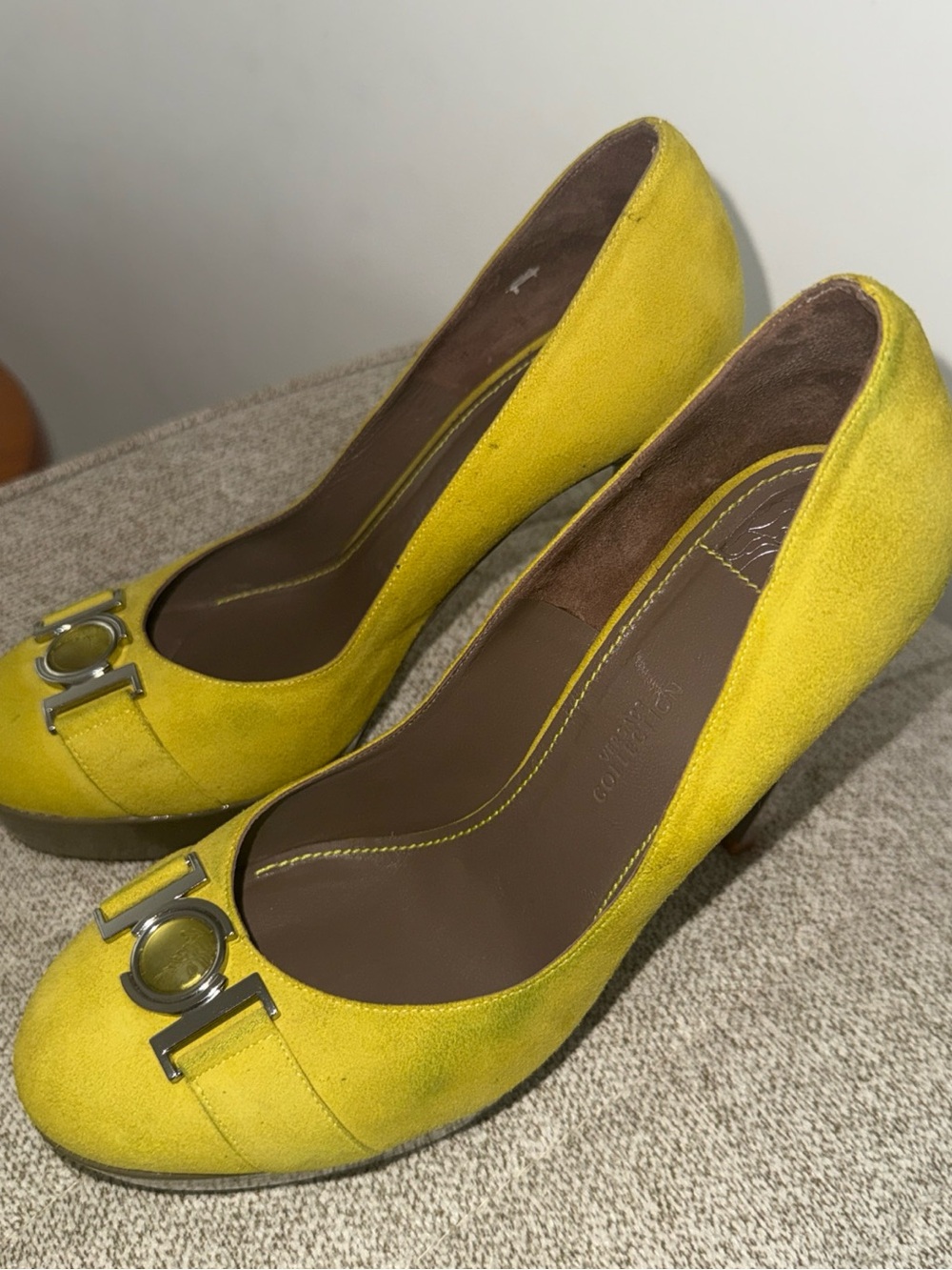 Versace Collection Yellow Suede Heels with Silver Medallion